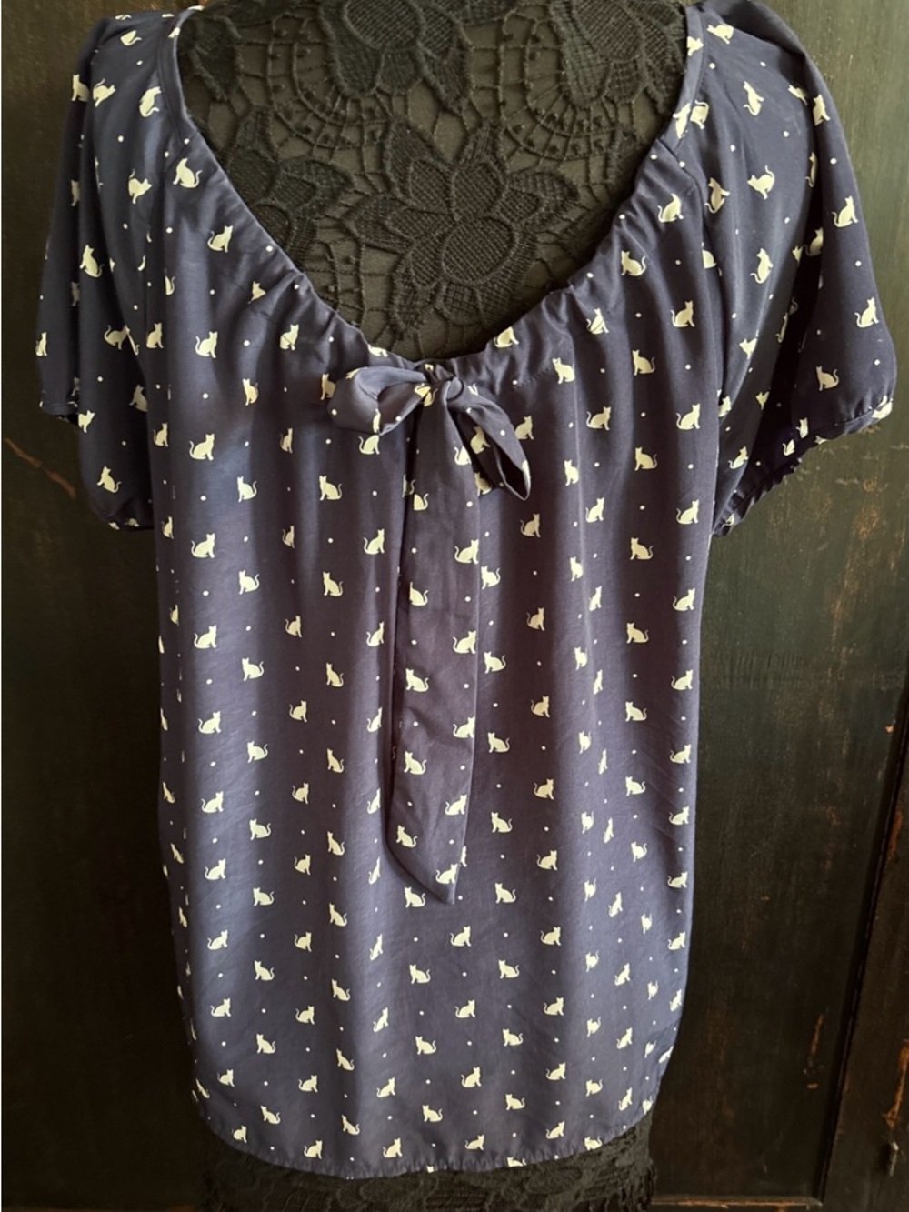 Old Navy Navy Blue & White Cat Print Tie Back Blouse XL BOHO esthetic dopamine